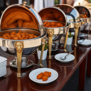 chatgpt image apr 24 2025 051921 pm vegetarian catering Full Vegetarian Buffet Setup with Chafing Dishes and Labelling